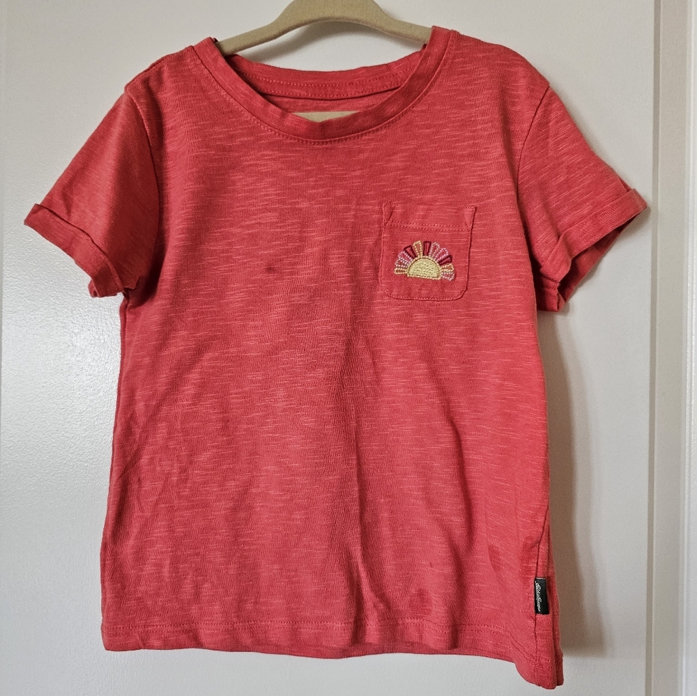 xs 5/6 Eddie Bauer orange red tshirt cuffed sleeves chest pocket embroidered sun